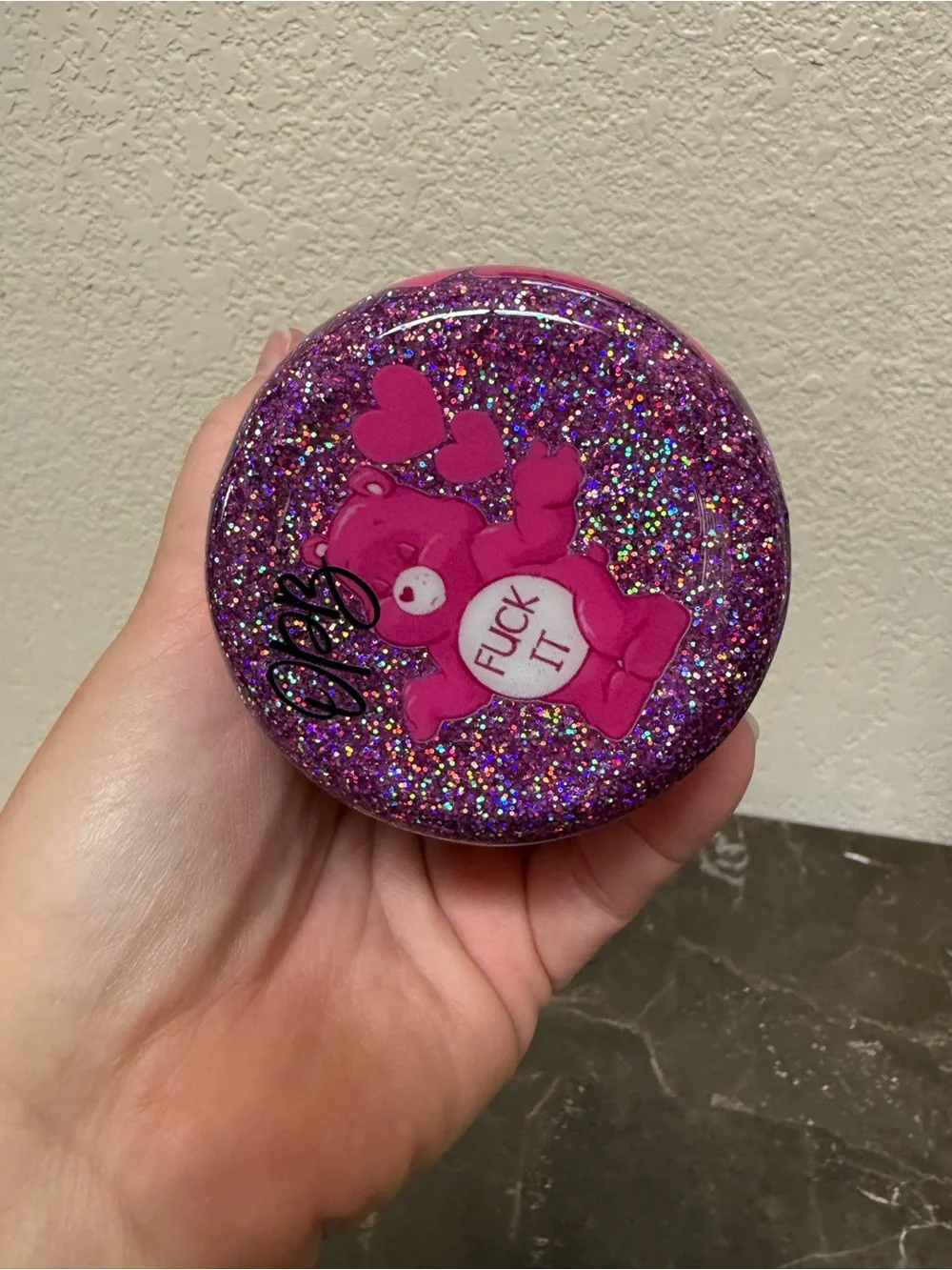 Swear Bear Fuk It Pink Glitter 12 oz Wine Glass Cup with Lid Handmade
